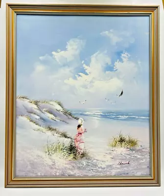 VTG Framed Oil Painting On Canvas Girl At Beach Ocean Seagulls SIGNED L. Keswick • $140