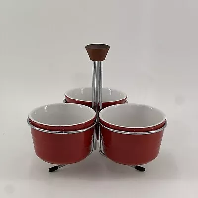 MCM 3 Bowl Metal Condiment Server Caddy Wood Handle Red Sandra Ceramic Bowls Vtg • $21.99