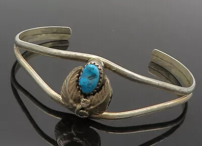 NAVAJO 925 Sterling Silver - Vintage Turquoise Floral Leaf Cuff Bracelet- BT4888 • $129.98