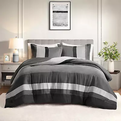 King Comforter Set 3 Piece Luxe Microsuede Pieced Design Color Block Stripe... • $82.99