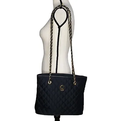 St John Shoulder Bag Black Quilted Fabric Leather Trim Chain Strap Handbag Purse • $59.99