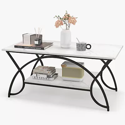 Giantex Coffee Table 2-Tier Side Table W/ Faux Mable Top Steel Legs Modern 100CM • $99.95