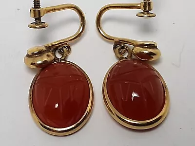 Vintage 12k Gold Filled Carved Carnelian Carl Mayr Scarab Dangle Earrings • $30