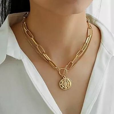 Gold Chunky Thick Link Chain Necklace Compass Coin Pendant Toggle Necklace Charm • $10.49