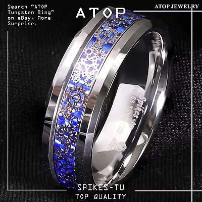 8mm Tungsten Ring ATOP Wedding Band Steampunk Clockwork Gears Blue Carbon Fiber • $14.99