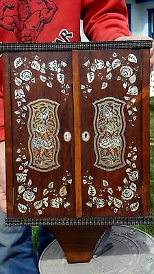Antique Wood Spice Wall Cabinet INTRICATE INLAID SILVER METAL Floral SUPER RARE! • $775