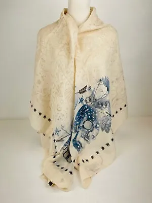 $625 Alexander McQueen Ivory Wool Blend Floral Skull Scarf Shawl 616648 9268 • $427.40