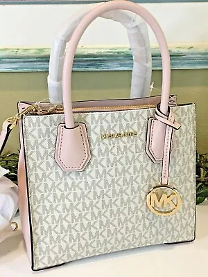 Michael Kors Mercer Small Crossbody Messenger Satchel Bag Vanilla Signature Pink • $113.99