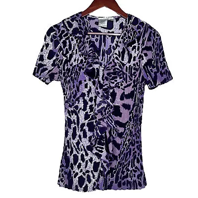 $15.19 • Buy Fred David Accordian Purple Animal Print Short Sleeve Button Up Blouse Top SZ M