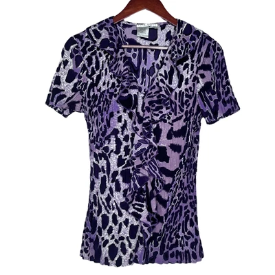 $15.19 • Buy Fred David Accordian Purple Animal Print Short Sleeve Button Up Blouse Top SZ M