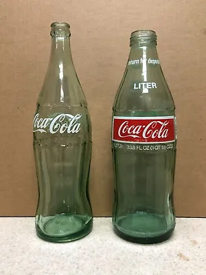 Lot Of 2 Coca Cola Heavy Green Glass Bottles 1 Liter (1977) & 1 Pt 10 Oz (1955) • $20