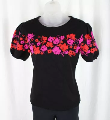 Milly Women's Black Multi Floral Print Short Sleeve Round Neck Sweater Size S • $29