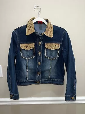 Woman’s Jean Jacket Animal Trimmed Sz S V. Cristina  Blue Gold Long Sleeve • $24.99