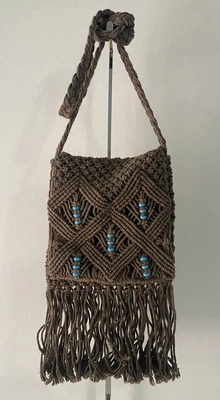 £20.86 • Buy Macrame Crossbody Shoulder Bag Purse Gray Turquoise Beaded Boho Hippie Small