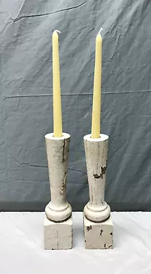 Pair 11  Turned Wood Shabby White Spindles Candle Stick Chunky Holders 2063-23B • $29