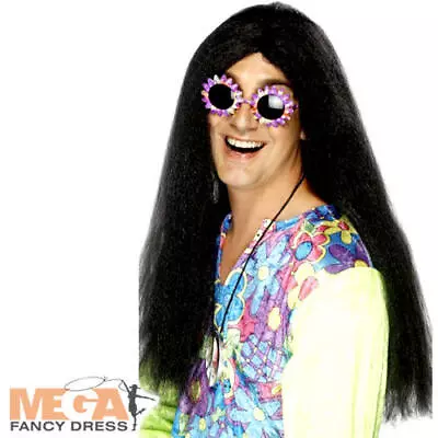 60s Long Black Hippie Wig Mens Fancy Dress 1960s Groovy Adults Costume Accessory • £8.99