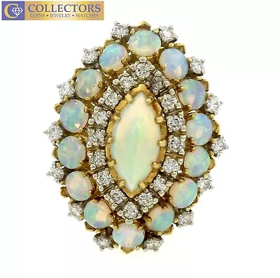 Ladies Vintage 18K 750 Yellow Gold Cluster Opal Diamond Cocktail Ring • £1103.74