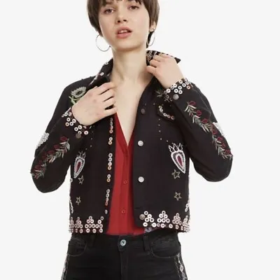 Desigual Ferrara Black Embellished Sudded Embroidered Jacket Size 38 US Size 4 • $252.53