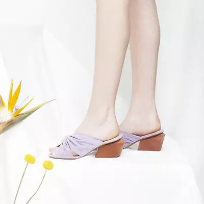 Anthropologie Modcloth Miss L Fire Maya Lavender Suede Wood Mule Pumps 37 7 • $59.99