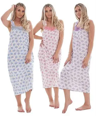Women Summer Nightdress Strap Floral Cotton Lace Soft Long Nightwear • £9.95