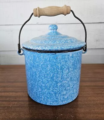 Vintage BERRY BUCKET Enamelware Graniteware Blue/White Wood Bail Handle • $19.99