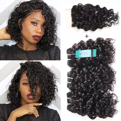 Malaysian Water Wave Bundles With Closure 12A Ocean Wave Wet & Wavy Human Hair B • $71.99