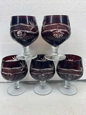 5 Vintage Bohemian Ruby Red To Clear Cut Glass Brandy Snifters/Glasses MCM 3 5/8 • $22