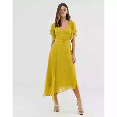 Asos Design Wrap Front Midi Dress With Fluted Sleeve Chiffon Mustard NWT Size 8 • $36