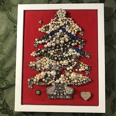 Vintage Costume Jewelry Christmas Tree Framed 8x10 Wall Art Holiday Decor As Is • $26.99