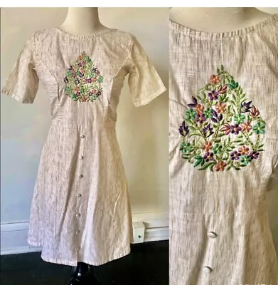 Vintage Floral Embroidered Babydoll Dress 1960’s Boho Hippie Dress • $40