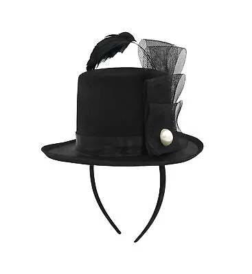 Black Mini Top Hat Fascinator On Headband Feather Pearl Stud Dancers Showgirl • $13.95