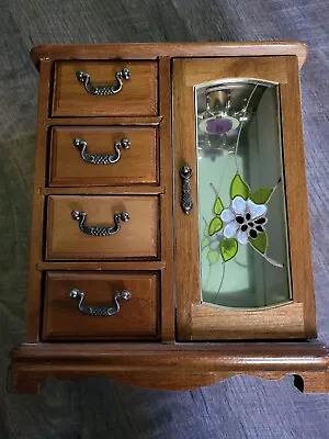 VTG WOODEN JEWELRY BOX STAIN GLASS STYLE FLORAL DOOR 4 DRAWERS 10 1/2  X 9  X 4  • $28