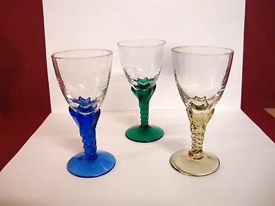 Vintage Set Of 3 Harlequin Sherry Glasses Twisted Stems • £14