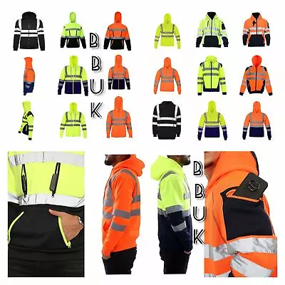 Hi Vis High Visibility Vest Hoodie Sweatshirt Workwear Hooded Top Jacket Zipped • £28.90