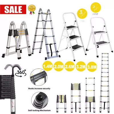 Aluminium Telescopic Ladder Heavy Duty 1.4-3.8M Multi-Purpose Extendable Folding • £43.97