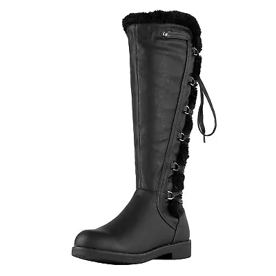 Womens Knee High Fur Lined Low Heel Biker Riding Combat Winter Boots Shoes Size • $12.79