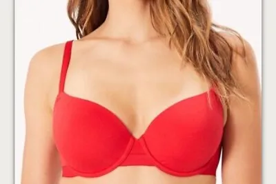 M&S Cotton Rich UnderWired Padded  Balcony T Shirt Bra In RED Size 34B • £7.99