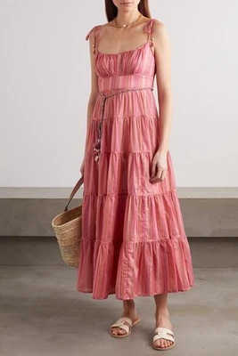 $280 • Buy Zimmermann-size 0 (aus 6)- Pink Bonita Striped Tiered Cotton Voile Midi Dress
