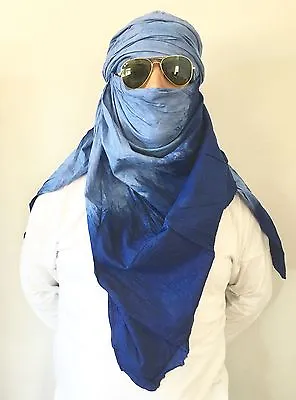 Long Tuareg Scarf - Moroccan Berber Handmade Ethnic Turban Unisex Adult Sky Blue • $33