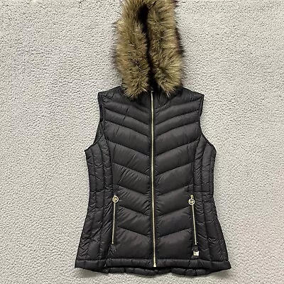 Michael Kors Vest Womens S Black Ultra Light Weight Down Fill Removable Fur Hood • $29.88