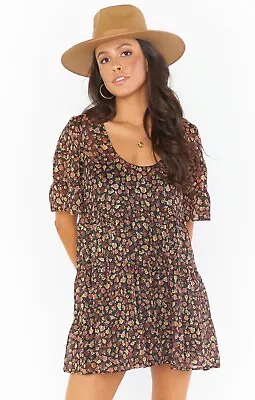 Show Me Your Mumu Valley Mini Dress Size M Black Floral Metallic Tiered Shift • $33.96