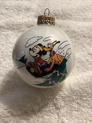 Krebs Glass Christmas Ball Ornament Disney Mickey & Pluto Sledding • $4