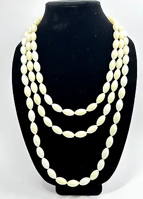 3 Strand Ivory Vintage Oblong Pop Bead Necklace Totaling 82 Inches Of Beads • $25.01