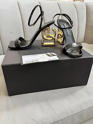 DOLCE & GABBANA Patent Leather Sandals With 3.5 Heel Black And Gold • $400