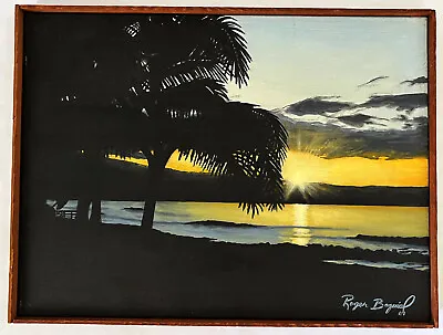 VTG 1980s CALIFORNIA OCEAN BEACH DRAMATIC SUNSET PALMS TROPICAL PAINTING SIGNED • $99.99