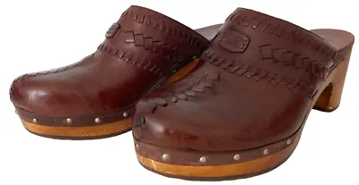 UGG Brown Leather Studded Clogs Sz 9 Womens Wooden Heel Slip On Sheepskin Lining • $29.99