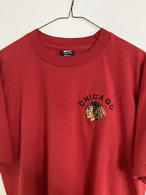 Vintage Embroidered Chicago Blackhawks Single-Stitch T-Shirt Men's XL Red • $12.89