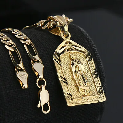 Virgin Mary Temple 14k Gold Plated Brass Pendant 24  Figaro Choker Chain • $18.99