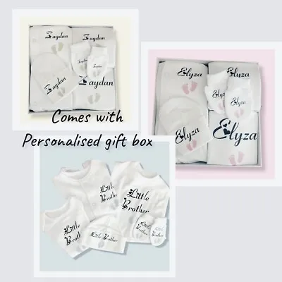 PERSONALISED BABY GIFT Box Set Unisex Footprint Baby Shower New Baby  Babygrow • £30