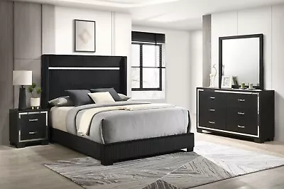 NEW Black Silver Queen King 4PC Modern Glam Bedroom Set Contemporary B/D/M/N • $1179.99